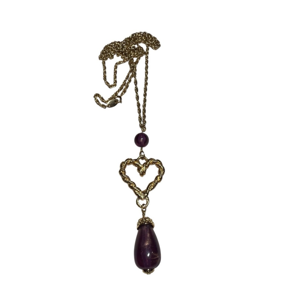 VTG Avon Gold Tone Necklace-Twisted Rope Heart Purple Teardrop Pendant 36"